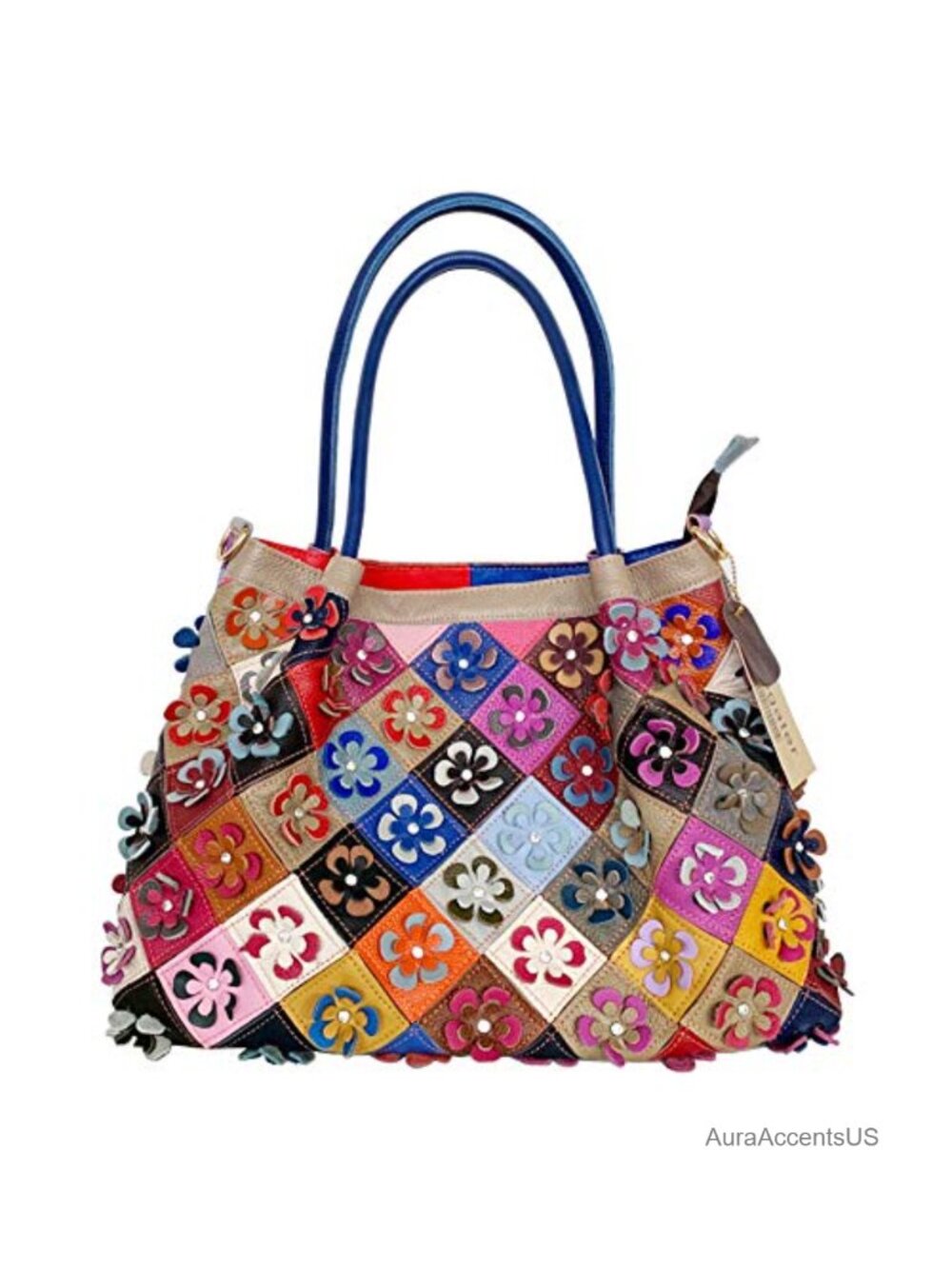 Genuine Leather Floral Tote Bag 3D Stitching Patchwork Shoulder Bag